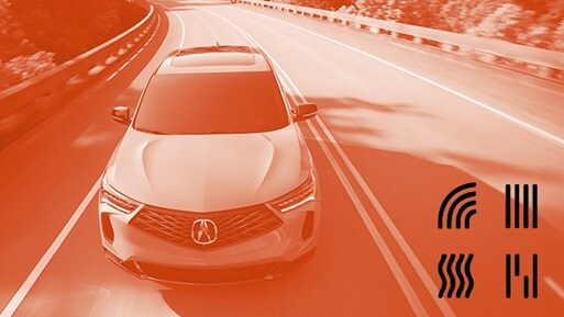 2026 Acura RDX SH-AWD前方視角，行駛在蜿蜒的道路上（頂級跑車跨類型SUV）。