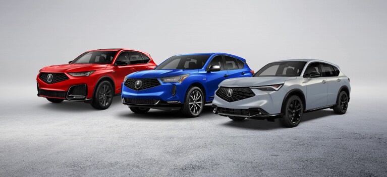 Performance Red Pearl色Acura MDX A-Spec和Apex Blue Pearl色RDX A-Spec的3/4正面視角
