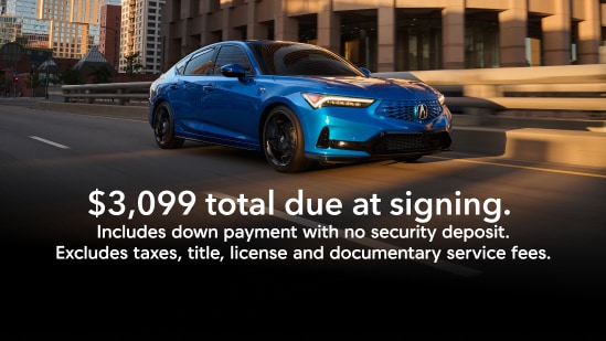 2026 Acura Integra A-Spec with Technology in Double Apex Blue Pearl front driving on a city street with on screen offer text for lease, $3,099 total due at signing. 包括首期，不需訂金。不含稅項、產權證書費、牌照費和文件服務費。（尊貴小型跑車）。