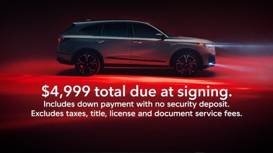 Acura 2026 MDX Type S profile with on screen offer text for lease, $4,999 total due at signing. 包括首期，不需訂金。不含稅項、產權證書費、牌照費和文件服務費。(Premium Performance SUV)